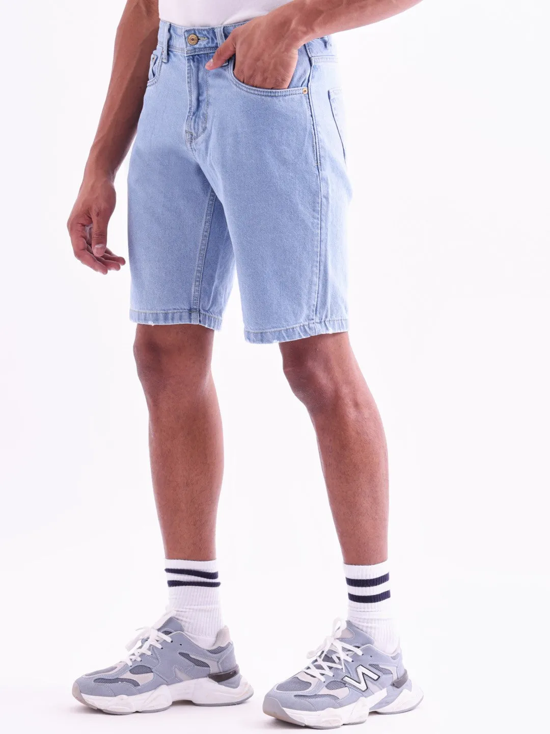 Blue Plain Denim Shorts