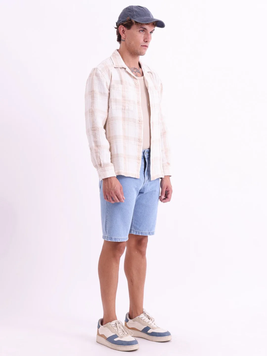 Blue Plain Denim Shorts