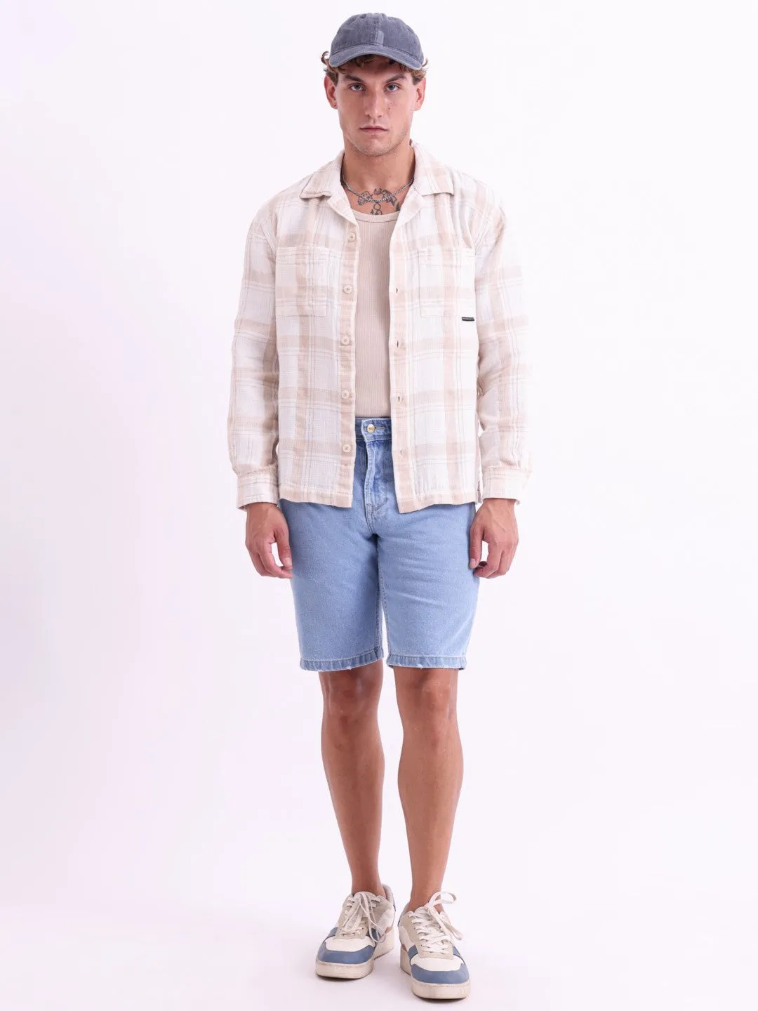 Blue Plain Denim Shorts