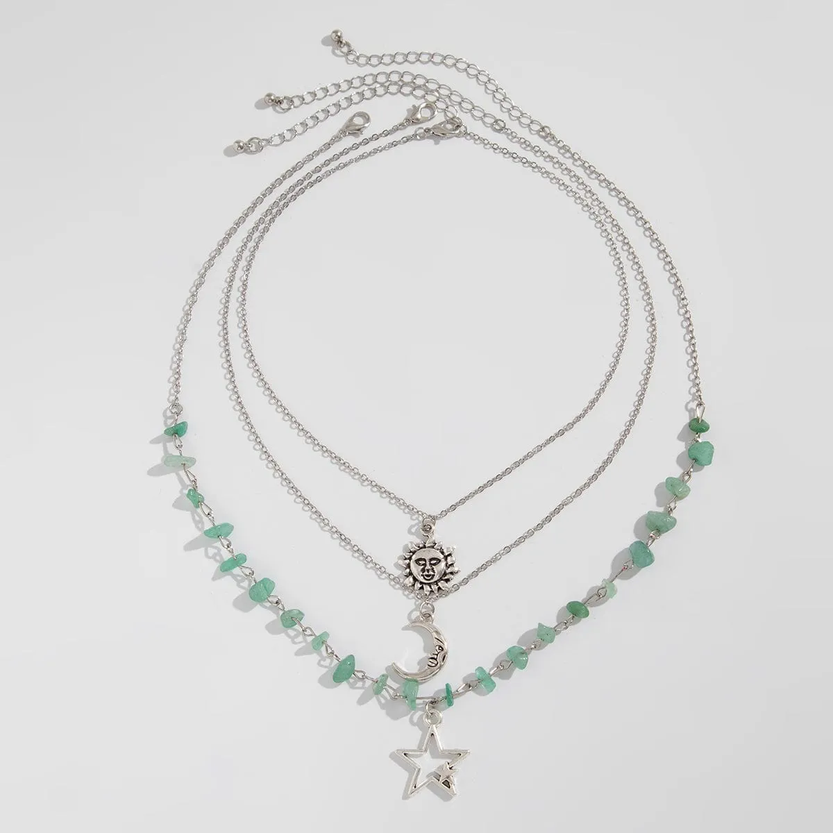 Bohemia Layered Sun Moon Star Pendant Turquoise Stone Necklace Set