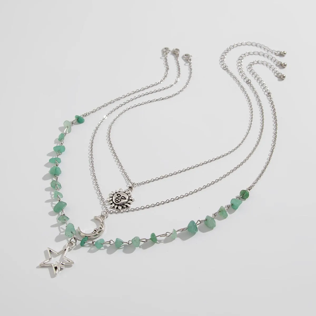 Bohemia Layered Sun Moon Star Pendant Turquoise Stone Necklace Set