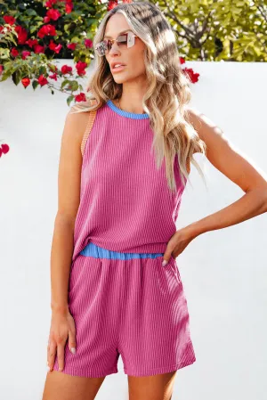 Bright Pink Corded Contrast Trim Sleeveless Top and Shorts Set
