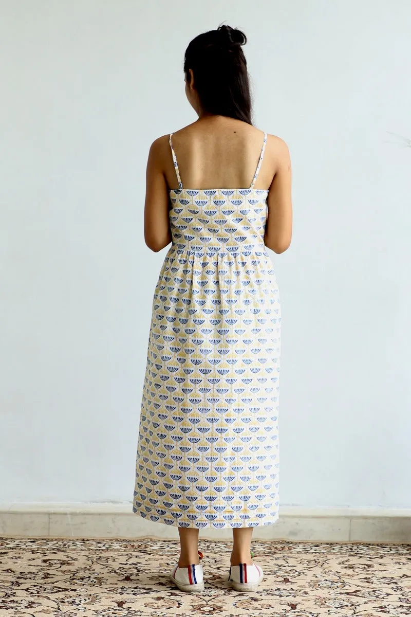 Buttoned strap dress in Off White Hand block print