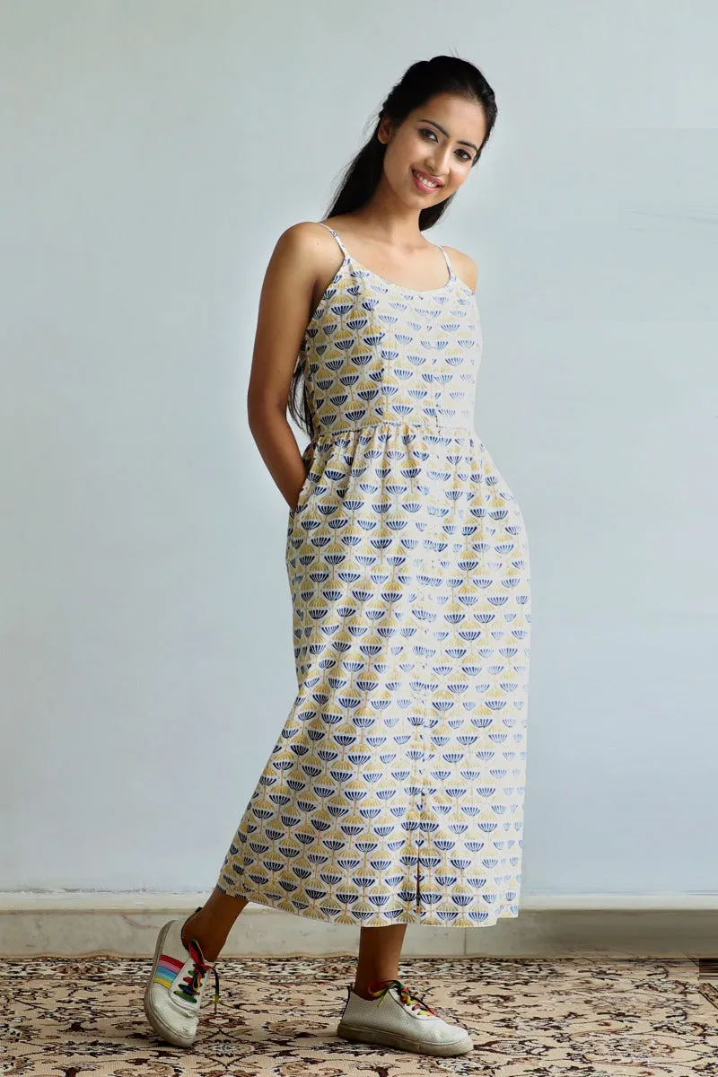 Buttoned strap dress in Off White Hand block print