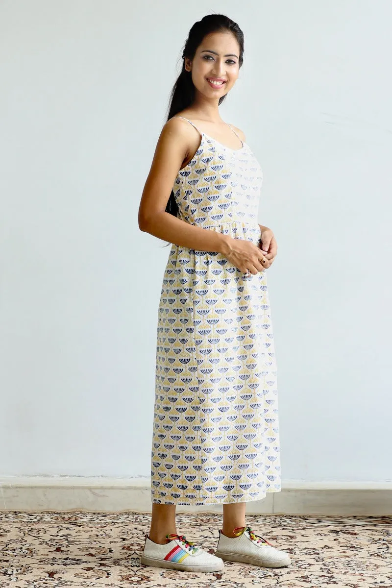 Buttoned strap dress in Off White Hand block print