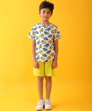 CARS PRINT LIME BOYS SHORTS SET - WHITE/LIME