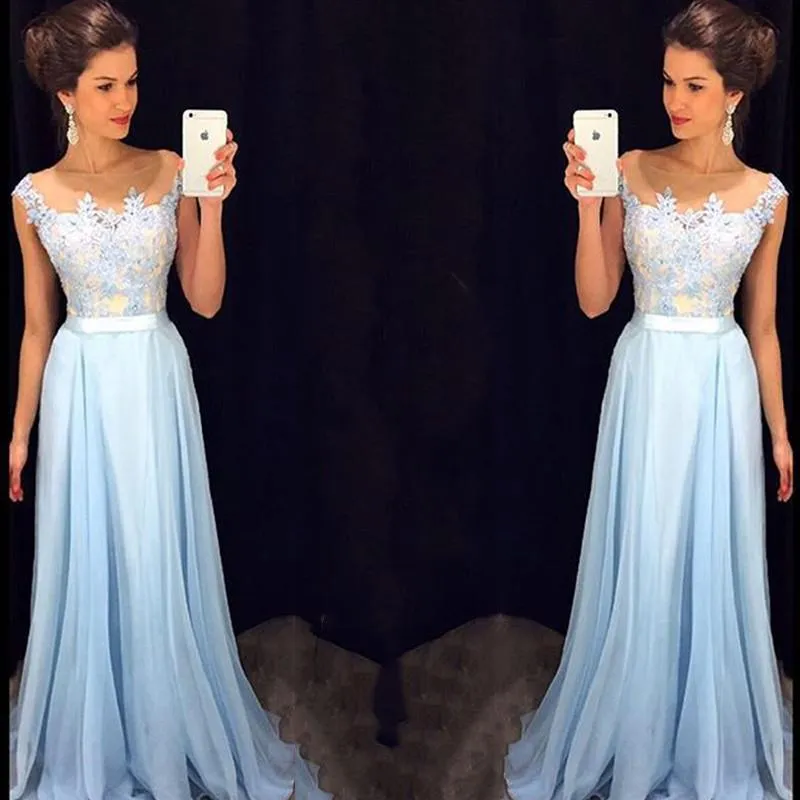 Charming Lace chiffon Blue  Cheap Long V Neck Formal  Pretty Elegant Prom Dresses,PD0613