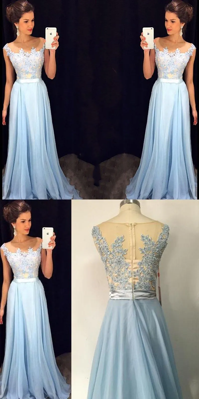 Charming Lace chiffon Blue  Cheap Long V Neck Formal  Pretty Elegant Prom Dresses,PD0613