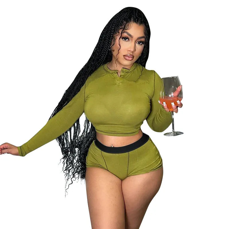 Chic Long Sleeve Crop Top and High-Waist Shorts Lounge Set