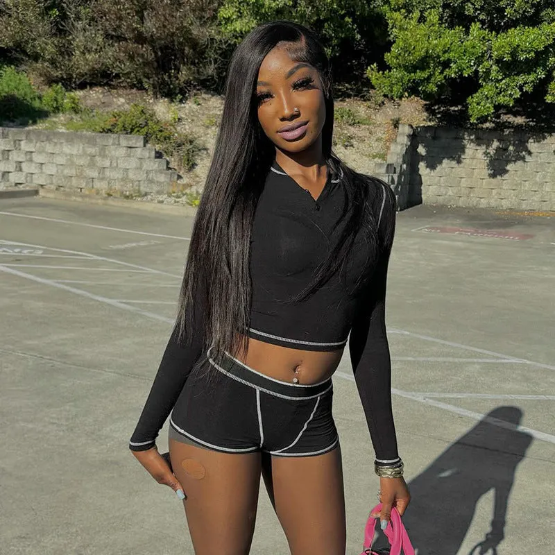 Chic Long Sleeve Crop Top and High-Waist Shorts Lounge Set