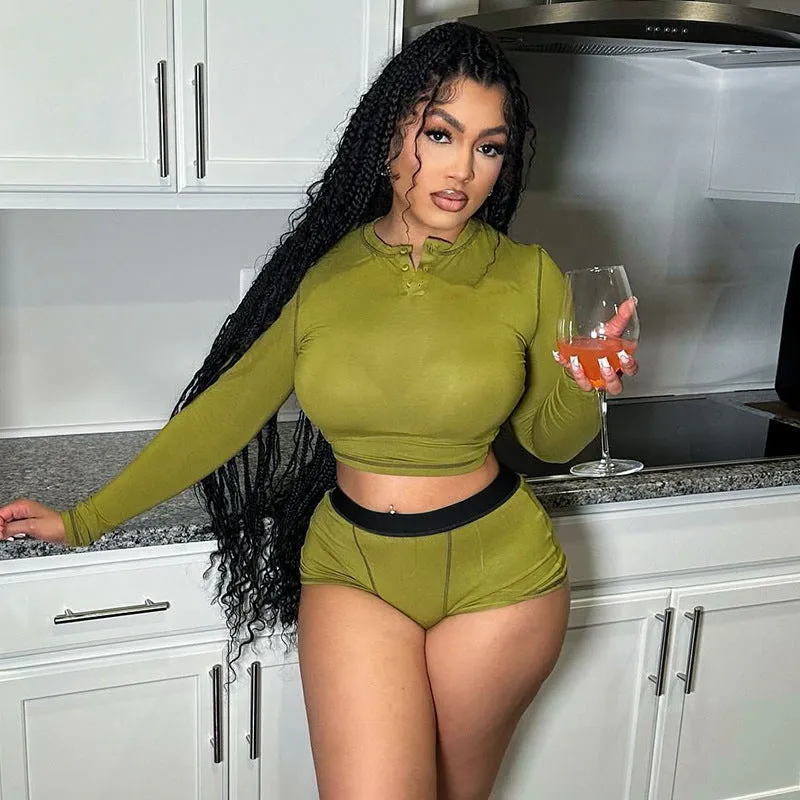 Chic Long Sleeve Crop Top and High-Waist Shorts Lounge Set
