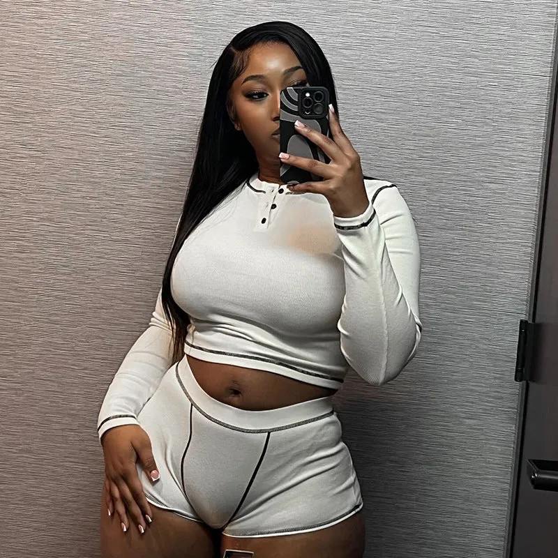 Chic Long Sleeve Crop Top and High-Waist Shorts Lounge Set