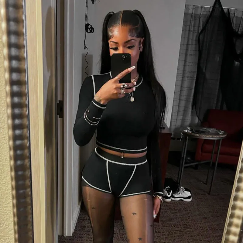 Chic Long Sleeve Crop Top and High-Waist Shorts Lounge Set