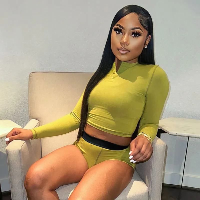 Chic Long Sleeve Crop Top and High-Waist Shorts Lounge Set