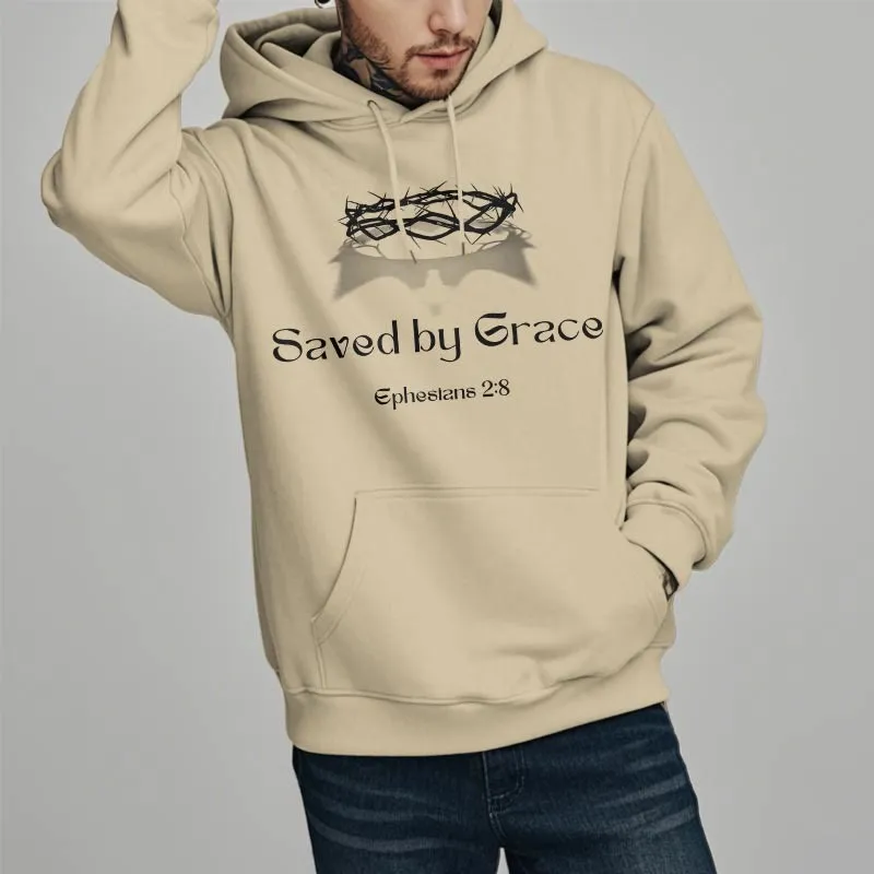 Christianartworkshop Quotation Style Saved By Grace Crown Fleece Lined Polyester Hoodie
