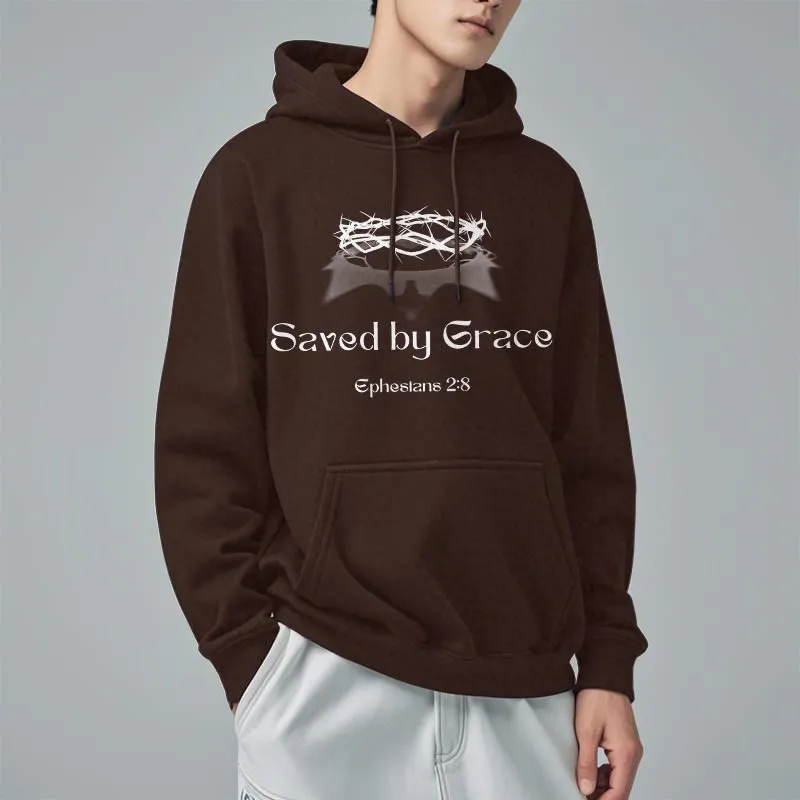 Christianartworkshop Quotation Style Saved By Grace Crown Fleece Lined Polyester Hoodie