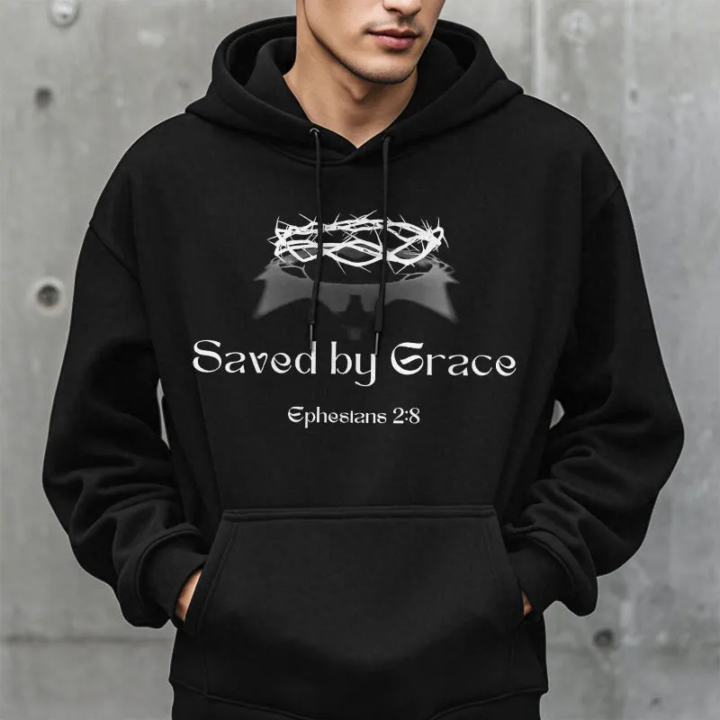 Christianartworkshop Quotation Style Saved By Grace Crown Fleece Lined Polyester Hoodie