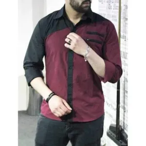 Color Block Slimming Shirt Collar Long Sleeves Cool Shirt For Men - Wine Red M