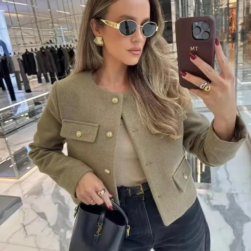 Cropped Military-Inspired Jacket | Tailored Chic | Gold Button Detail