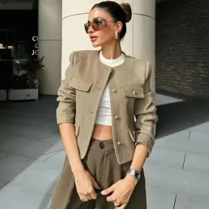 Cropped Military-Inspired Jacket | Tailored Chic | Gold Button Detail