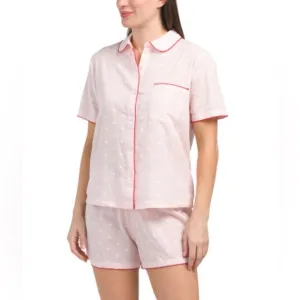 cupcakes and cashmere Pink Red Swiss Heart Crochet Trim Cotton Shorty PJ Set