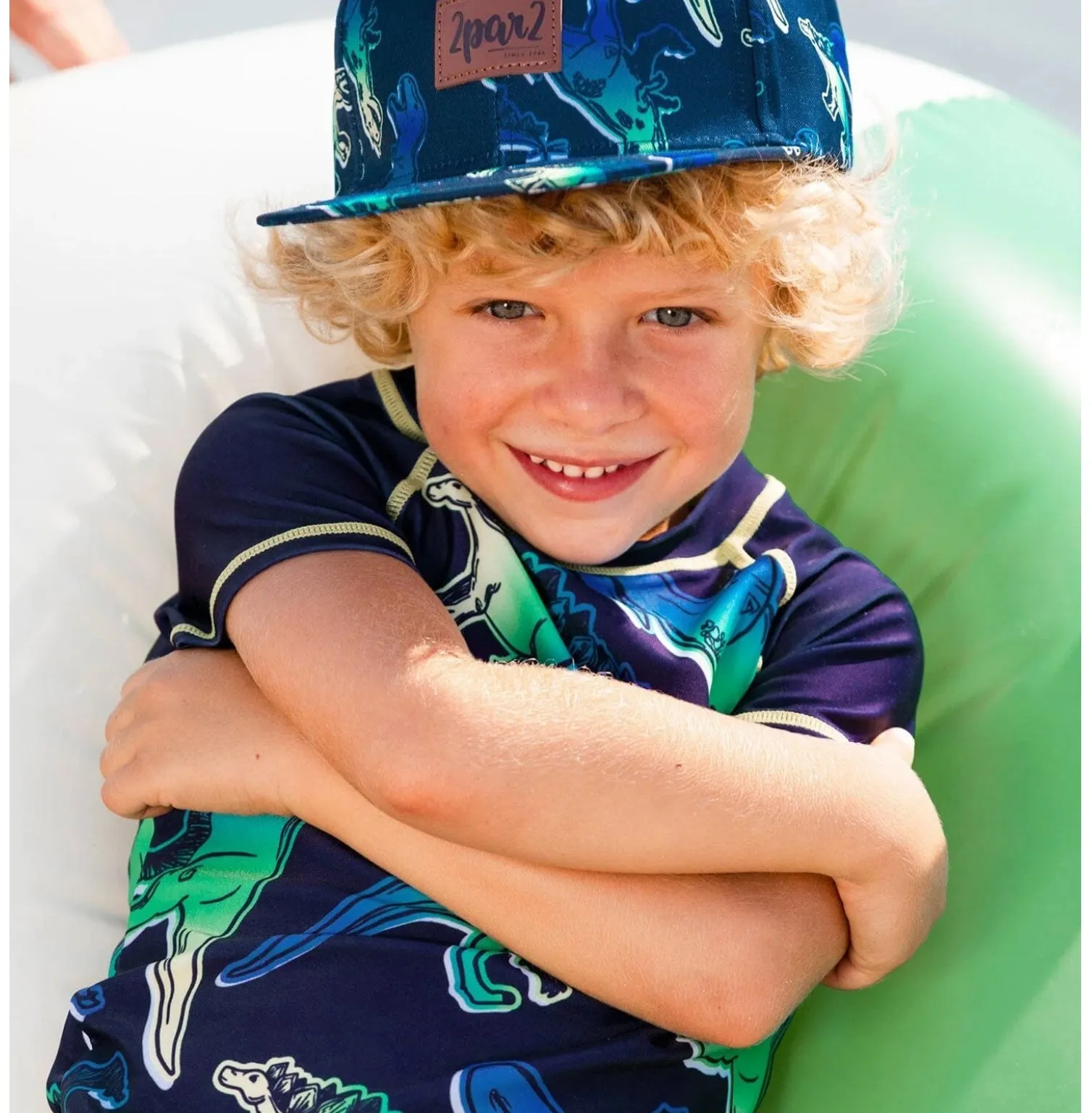 Deux Par Deux Printed Cap Blue And Green Dino On Navy: Size 6 months - 14 Years