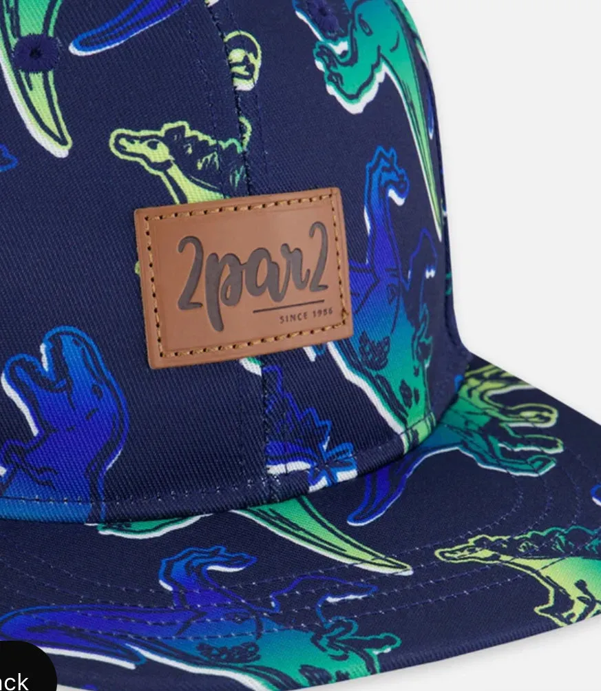 Deux Par Deux Printed Cap Blue And Green Dino On Navy: Size 6 months - 14 Years