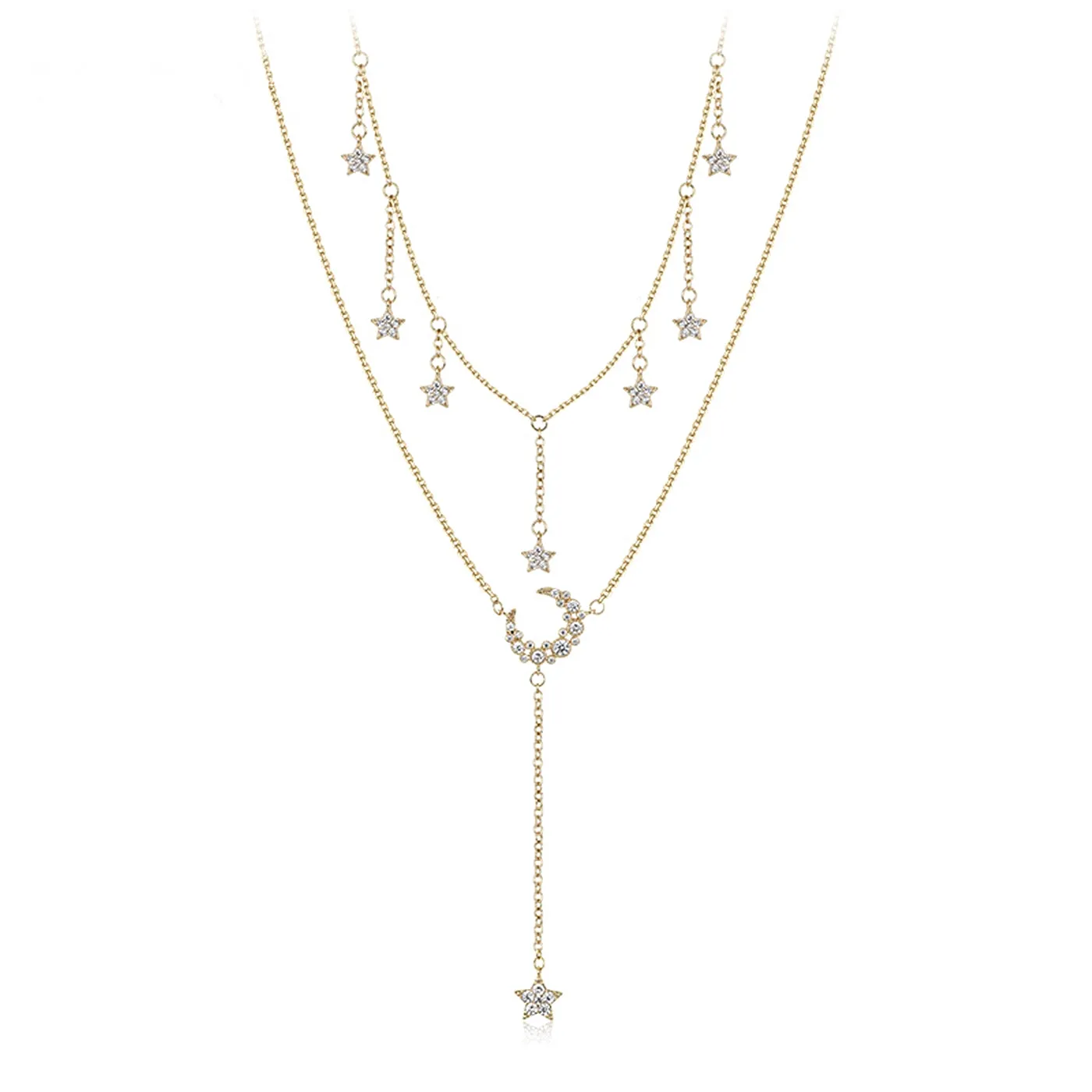 Diamond Star and Moon Double-Layer Necklace