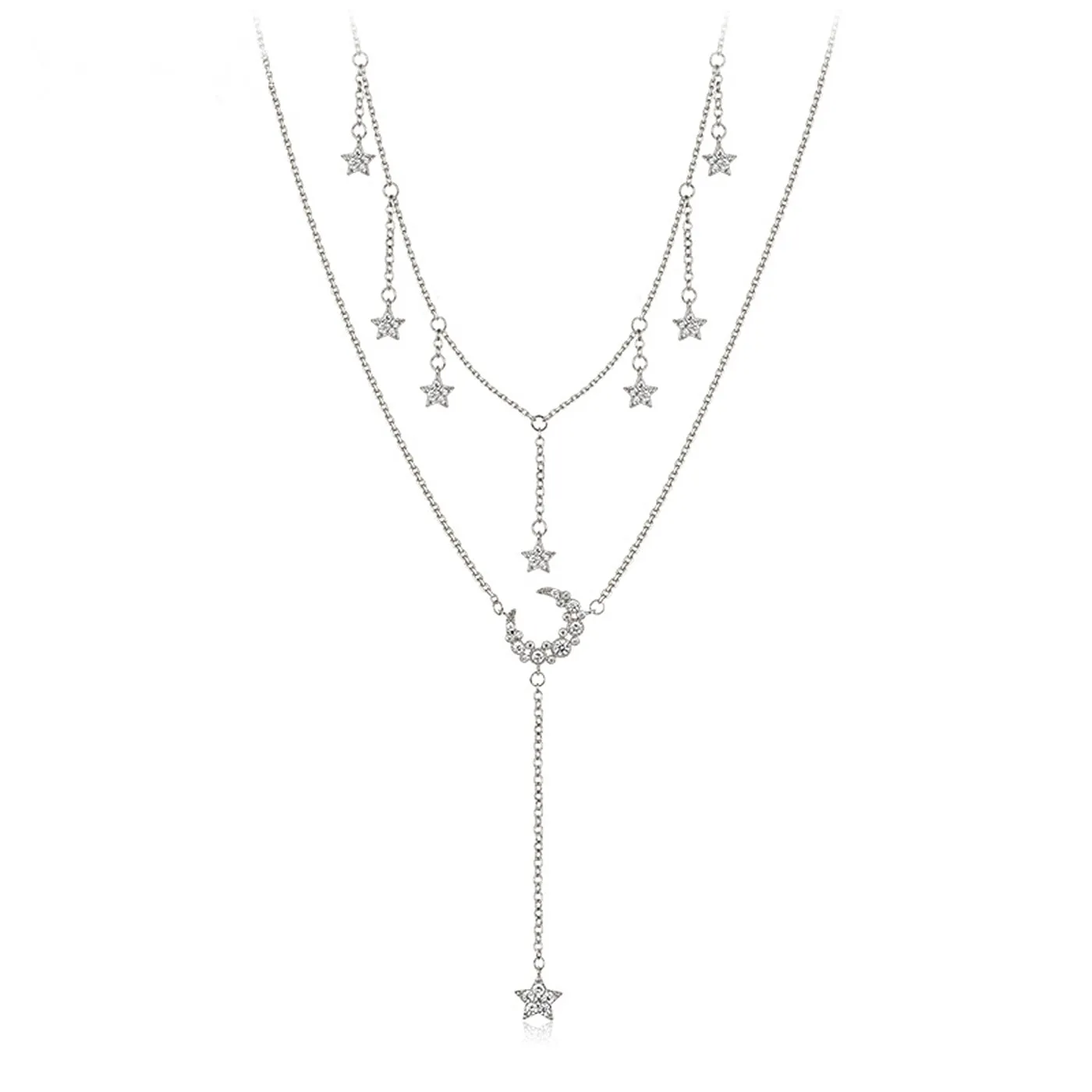 Diamond Star and Moon Double-Layer Necklace