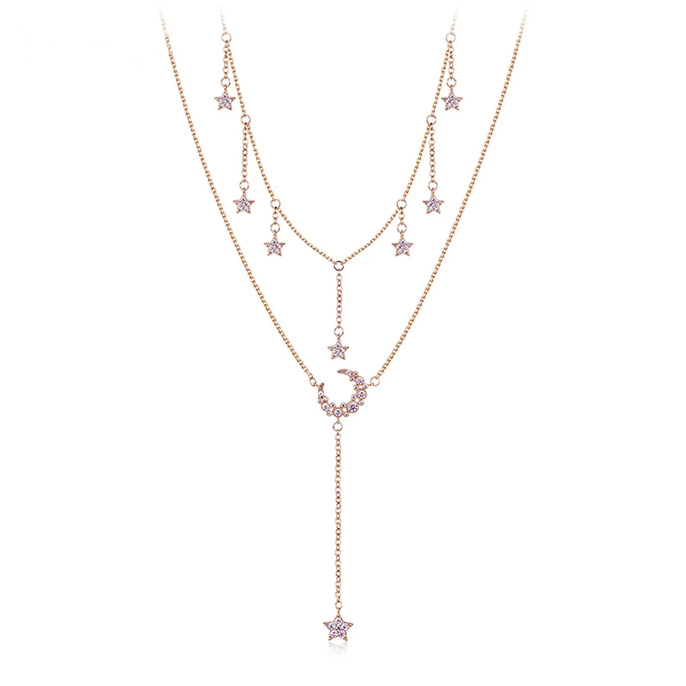 Diamond Star and Moon Double-Layer Necklace