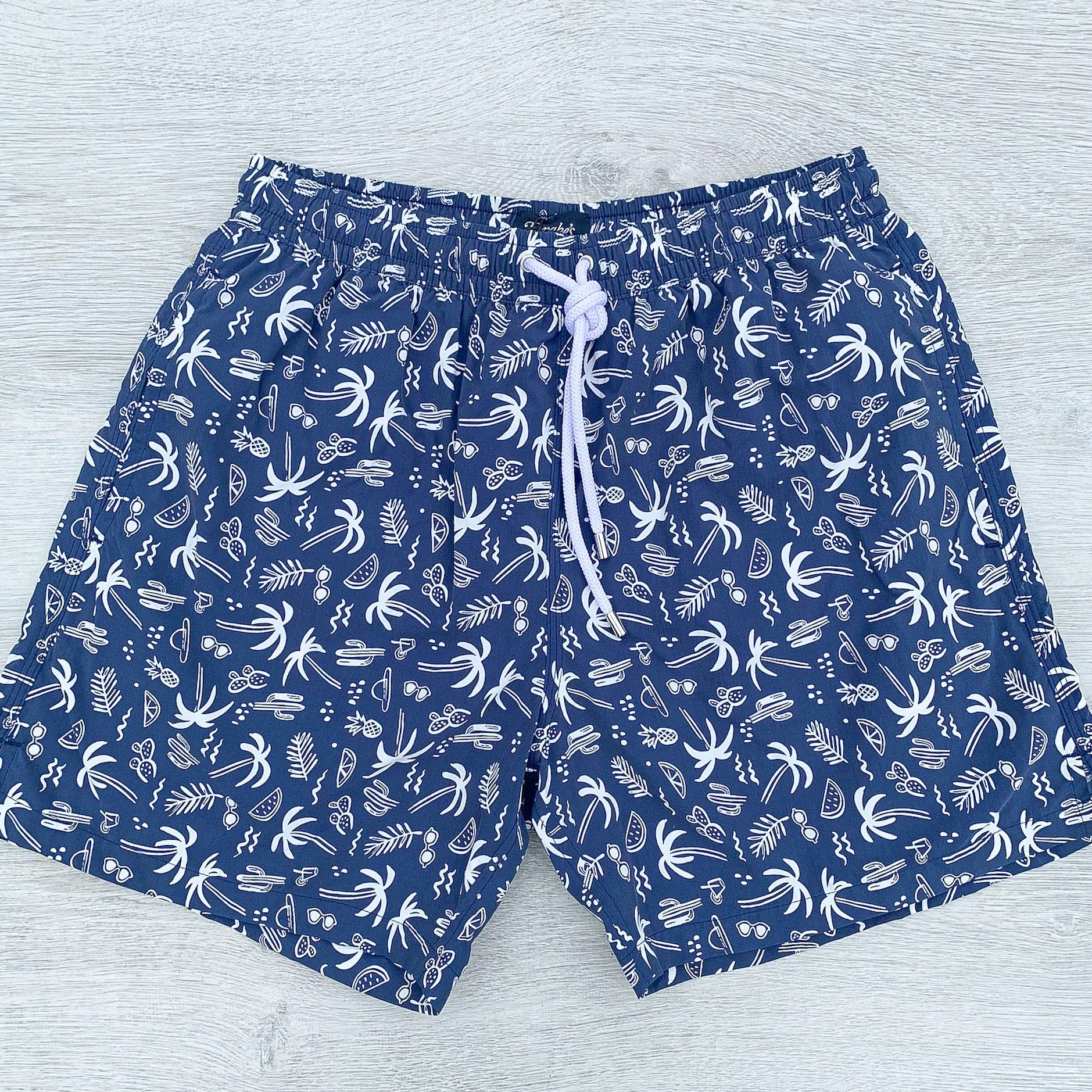 Drake's Navy Swim Shorts With White Palm Tree Holiday Print