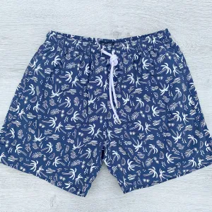 Drake's Navy Swim Shorts With White Palm Tree Holiday Print