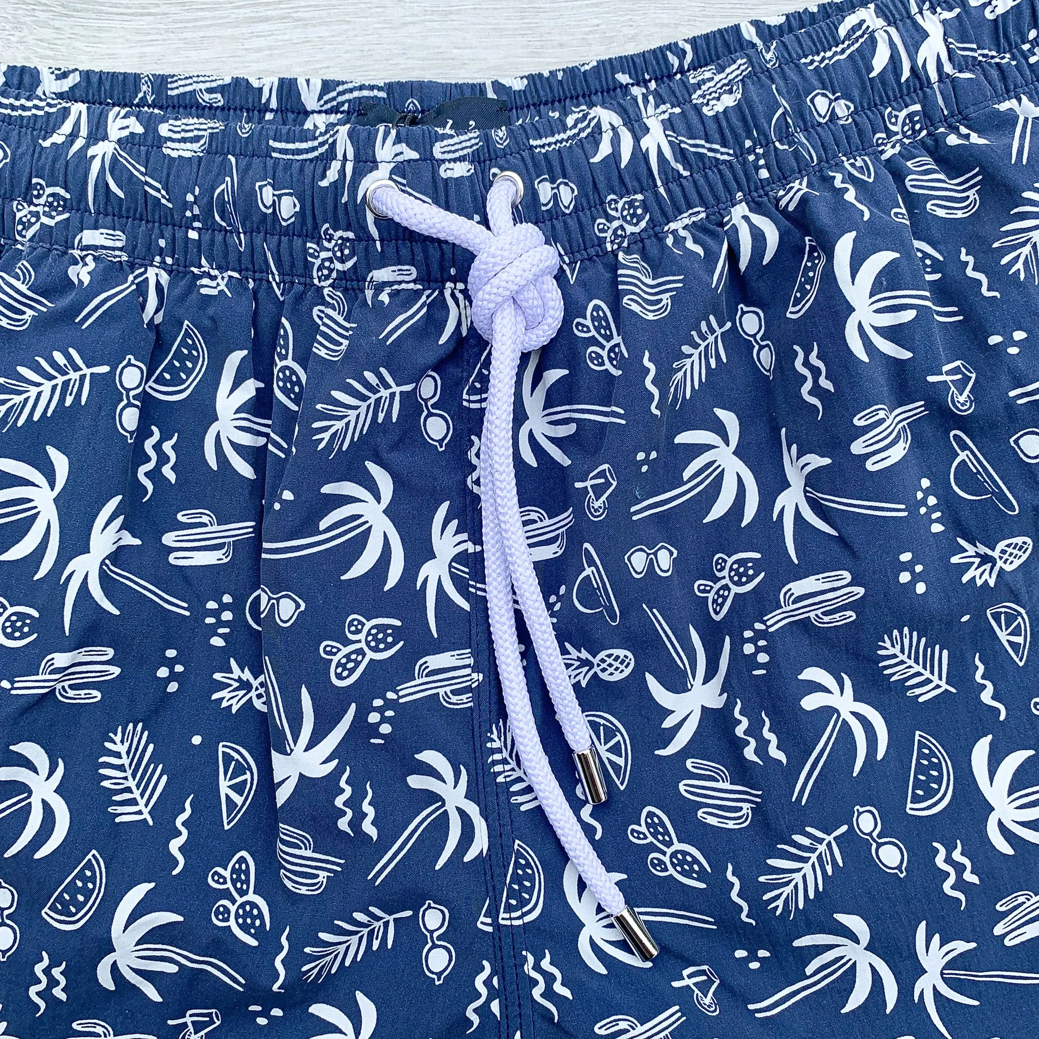 Drake's Navy Swim Shorts With White Palm Tree Holiday Print