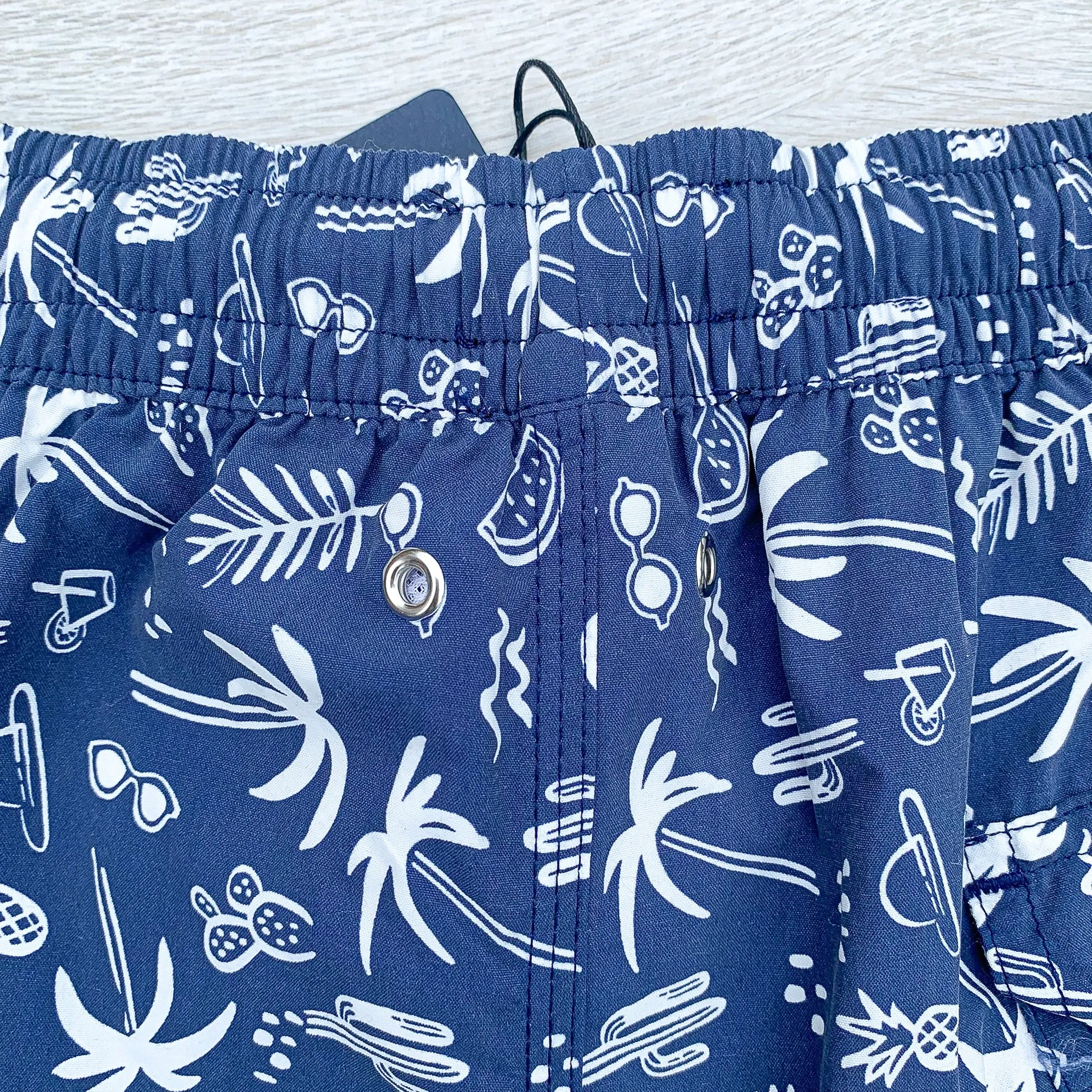 Drake's Navy Swim Shorts With White Palm Tree Holiday Print