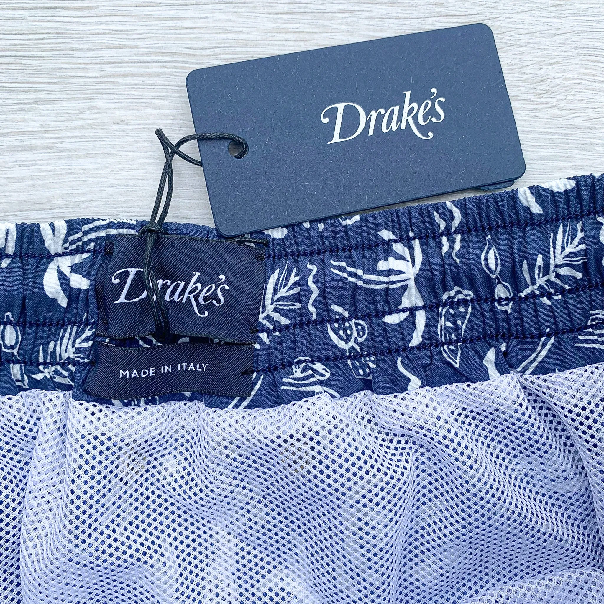 Drake's Navy Swim Shorts With White Palm Tree Holiday Print