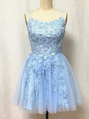 Elegant Spaghetti Straps A-line Sky Blue Tulle Applique Short Homecoming Dresses Online, HD0729