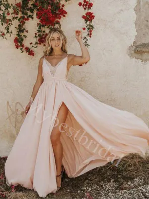 Elegant Spaghetti straps V-neck Sise slit A-line Prom Dresses,PDS0931
