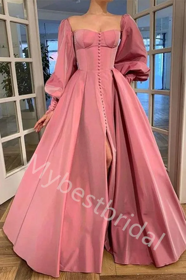 Elegant Square Long sleeves Side slit A-line Long Prom Dress,PDS1087