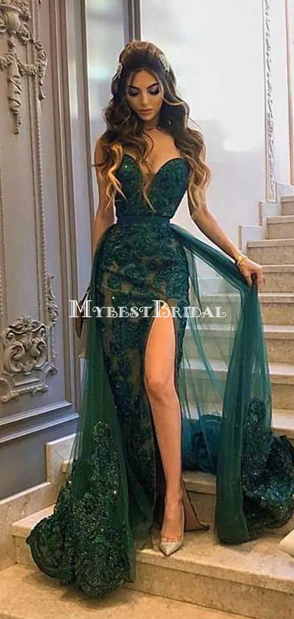 Elegant Sweetheart Green Lace Side Slit Mermaid Long Cheap Prom Dresses, PDS0104