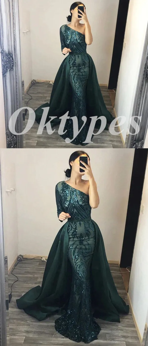 Elegant Tulle Sequin Lace One Shoulder Long sleeve Side Slit Mermaid Long Prom Dresses With Train, PDS0925