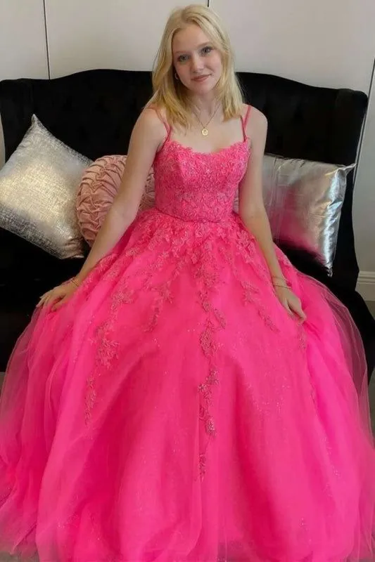 Elegant Tulle Spaghetti Straps Lace Appliques Long Homecoming Dresses, QB0581