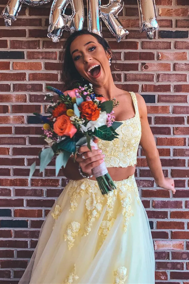 Elegant Two Piece Yellow Long Prom Dress