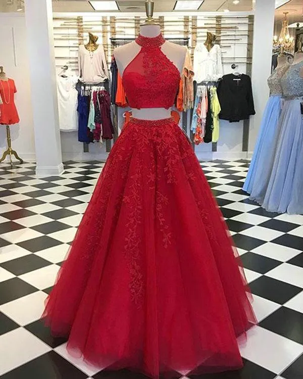 Elegant Two Pieces Prom Dresses with Halter Pink Long Lace Tulle Prom Gowns 2018 New Arrival