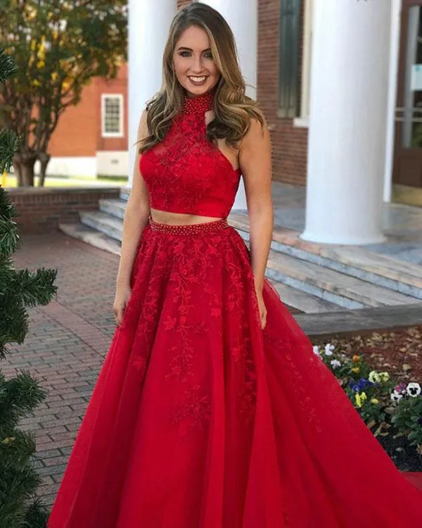 Elegant Two Pieces Prom Dresses with Halter Pink Long Lace Tulle Prom Gowns 2018 New Arrival