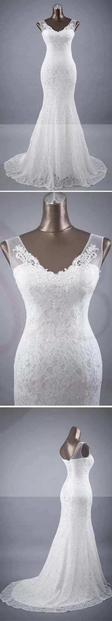 Elegant V-neck Lace Mermaid Wedding Party Dresses, Vantage Bridal Gown, WD0030