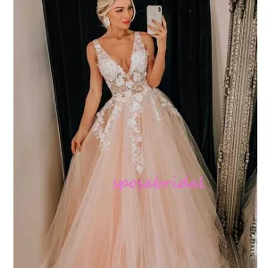 Elegant V-neck Tulle Lace Embroidy Floor-length Prom Dress, PD3006
