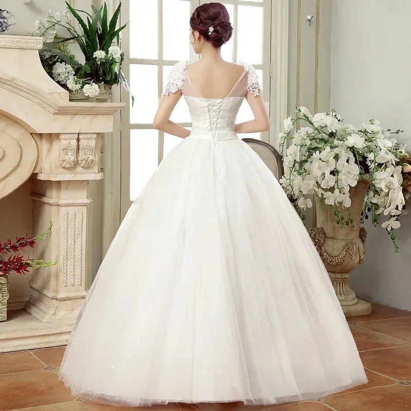 Elegant Wedding Dresses Short Sleeves V-Neck Net Rhinestone Backless