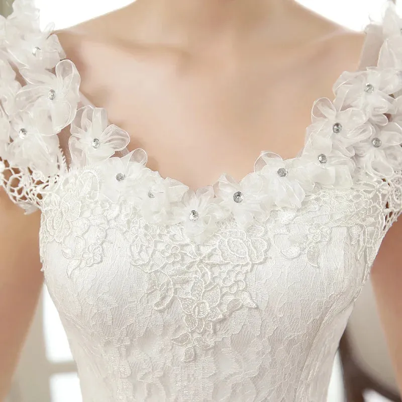 Elegant Wedding Dresses Short Sleeves V-Neck Net Rhinestone Backless