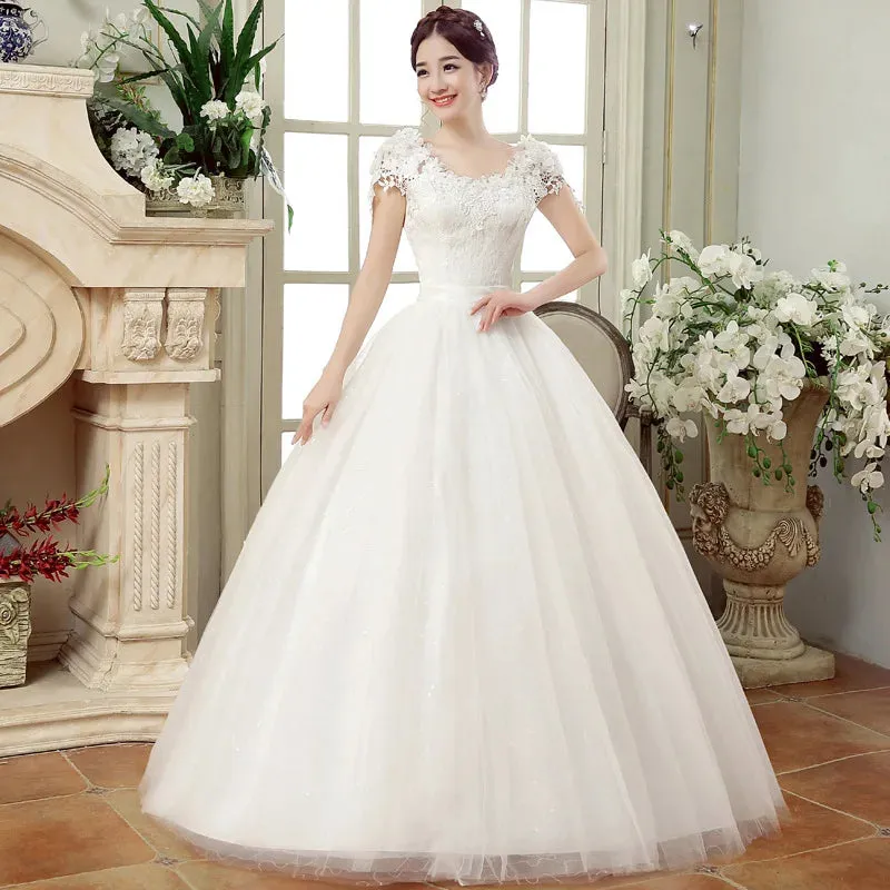 Elegant Wedding Dresses Short Sleeves V-Neck Net Rhinestone Backless