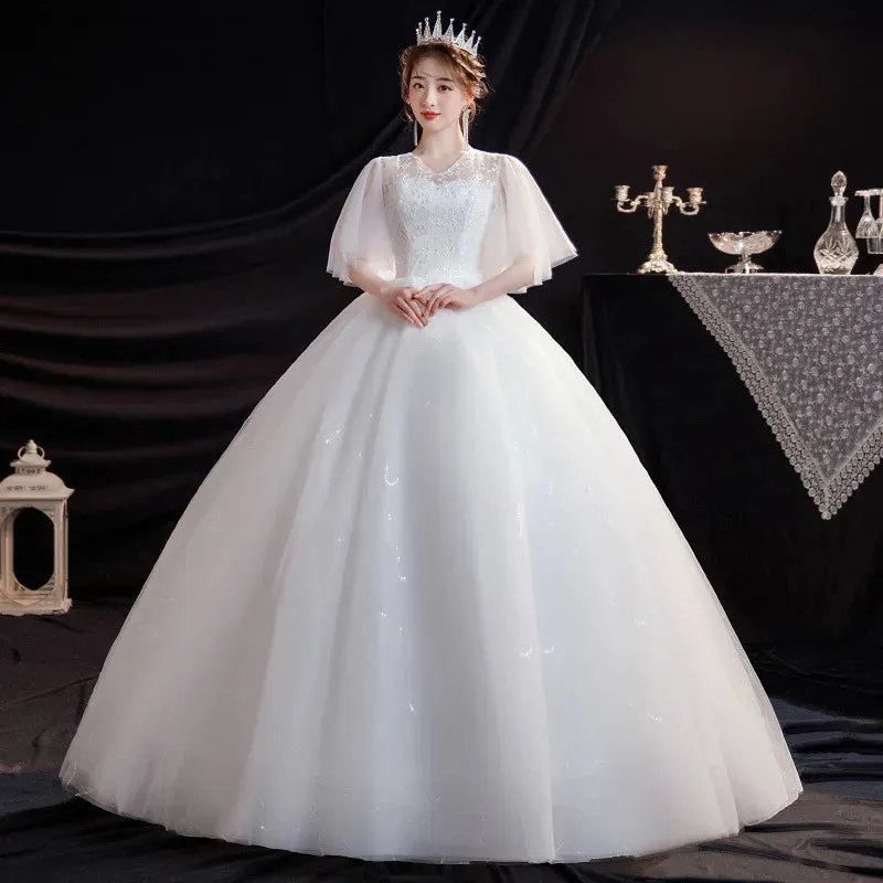 Elegant Wedding Dresses Short Sleeves V-Neck Net Rhinestone Backless